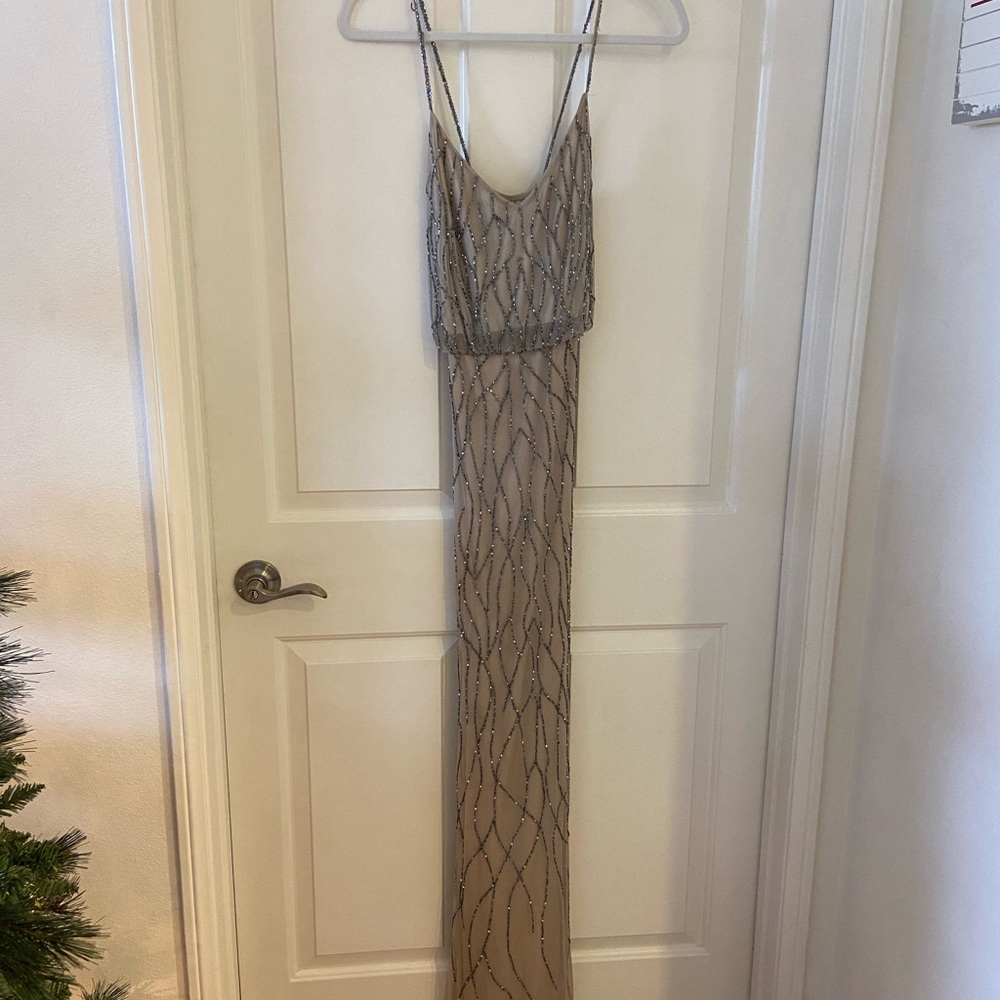 Adrianna Papell Women's Long Beaded Blouson Gown Tan Gray Size 6
